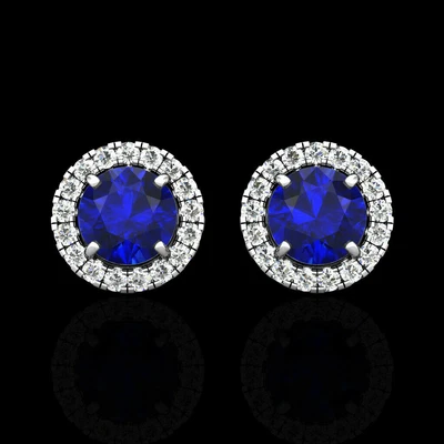 2.00CT Halo Created Sapphire Blue Diamond Stud Round Earrings 14k White Gold - Image 1 of 4