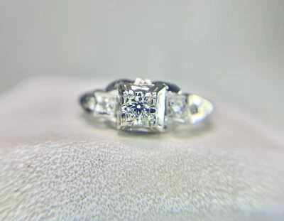 Vintage Art Deco 18k White Gold Natural Round Diamond Small Engagement Ring - Image 1 of 4