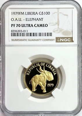 1979 GOLD REPUBLIC LIBERIA $100 O.A.U. ELEPHANT COIN NGC PROOF 70 ULTRA CAMEO - Image 1 of 2