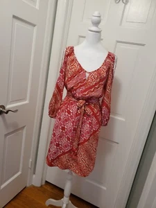 Yoanna Baraschi Colorful Print 100% Silk Dress Size 6, Belted Pink & White - Picture 1 of 9