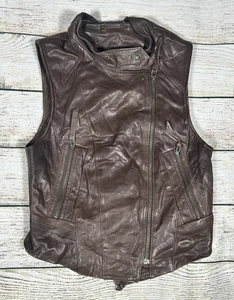 Compagna Brown Leather Biker Waistcoat Gilet Vest Size 55 Zip Front Real Leather - Picture 1 of 11