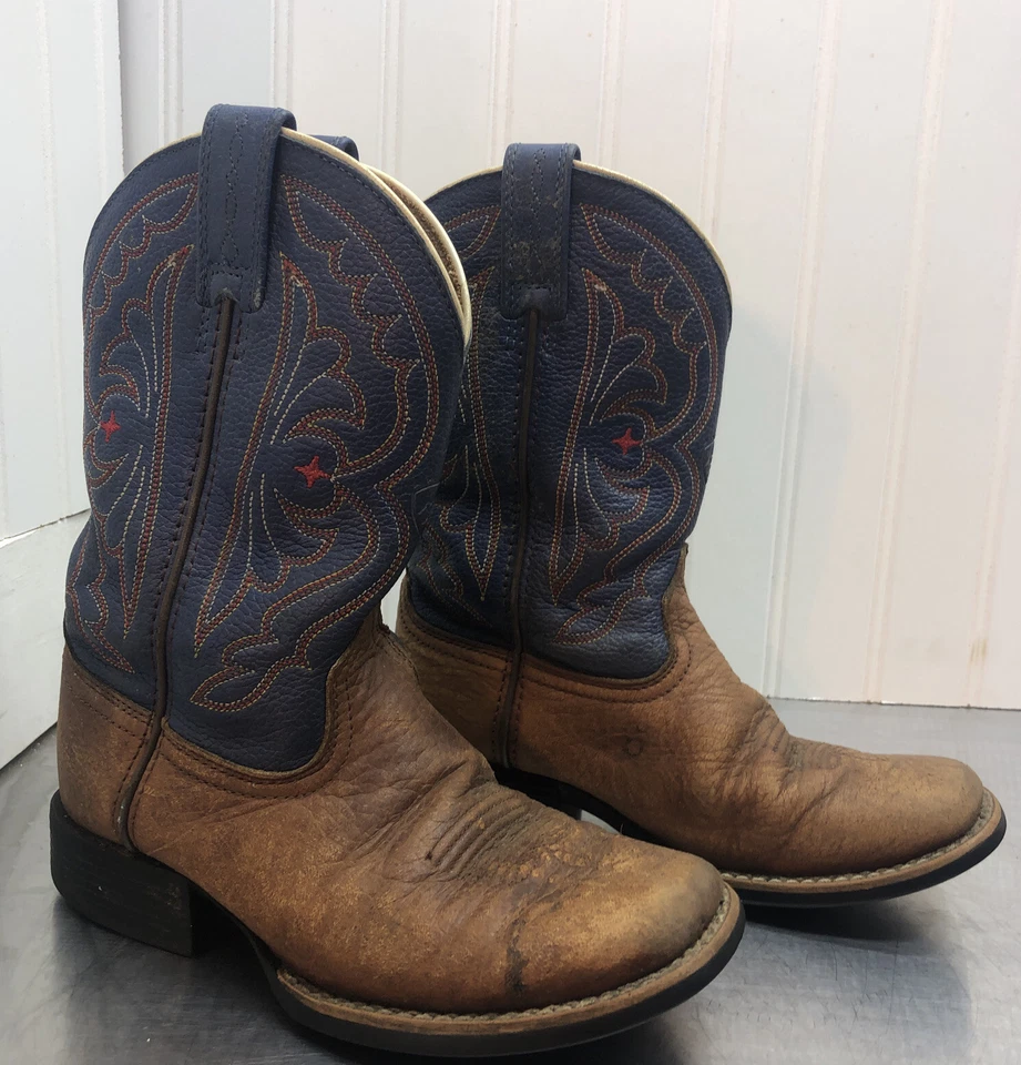 Botas de caubói de couro ARIAT dois tons marrom/azul crianças 2,5 jovens - Imagem 1 de 1
