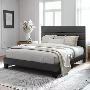 Marco De Cama Plataforma Tapizada Cama Queen Size Cabecera Gris Dark Gray Bed - Picture 1 of 8