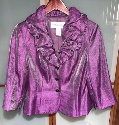 Victor Costa Vintage Purple Shiny Rhinestone Button Up Ruffle Collard Jacket 6 Foto 1 de 4