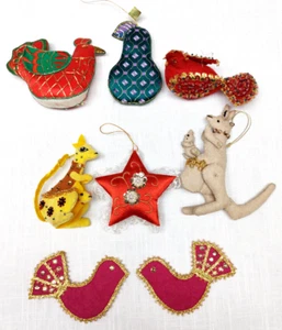 8 Vintage Pailletten Perlen Filz Satin Weihnachtsschmuck ~ Kängurus Vögel Sterne Birnen - Bild 1 von 19