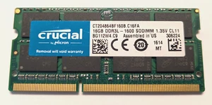 Crucial (1 x 16GB) DDR3L-1600 SODIMM 1.35v RAM Memory Laptop PC3L-12800 - Picture 1 of 2