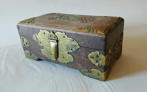 Jade Inlay Brass Fixtures Rosewood Chinese Jewelry Box Silk Interior - Picture 1 of 11