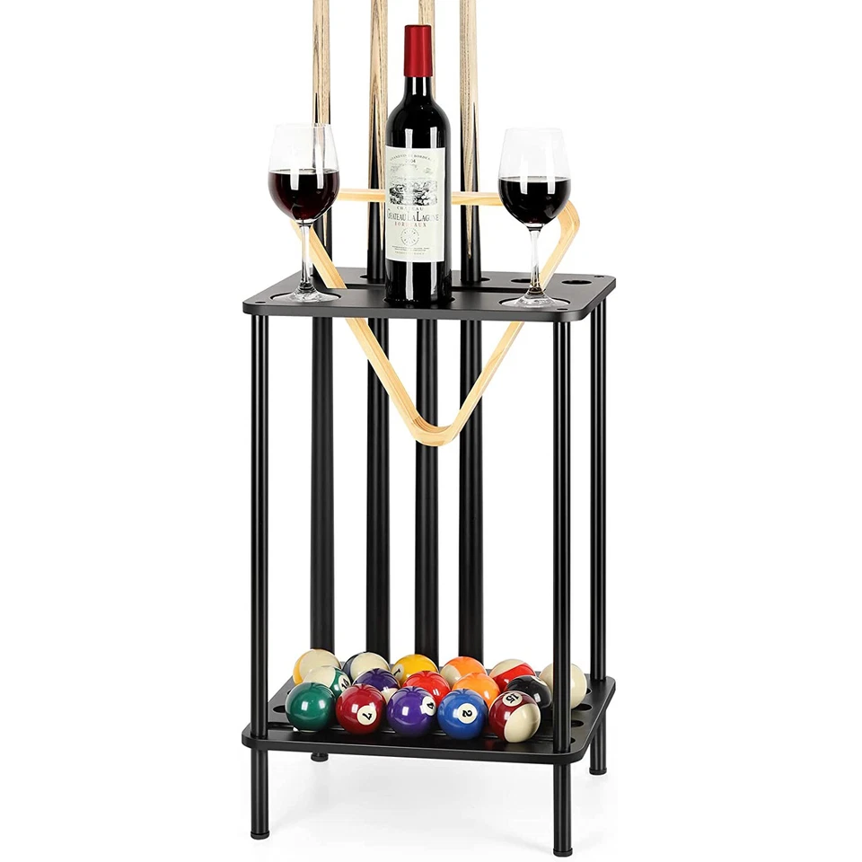 Floor Stand Billiard Pool Cue Rack,Holds 6 Pool Cue Sticks,3 Drink Holders Black