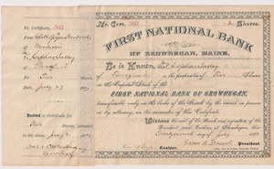 1893 Primer Banco Nacional de Skowhegan, Maine certificado de acciones - Imagen 1 de 1