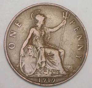 1919 UK Great Britain British One 1 Penny King George V Coin VF  - Picture 1 of 2