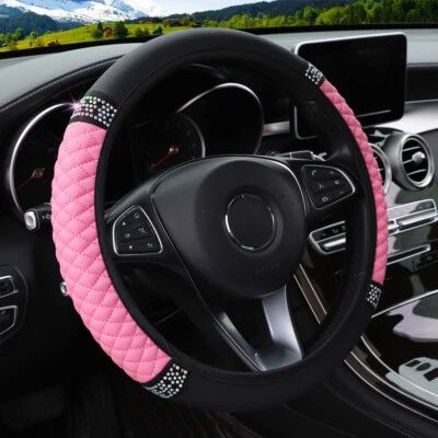 Cubierta de Volante Coche Cuero PU Bling Diamond Accesorios Universales Rosa Foto 1 de 4