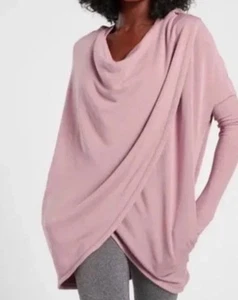 Athleta Purana Wrap Mauve Drape Front Hooded Long Sleeve Tunic Top size L Tall - Picture 1 of 6