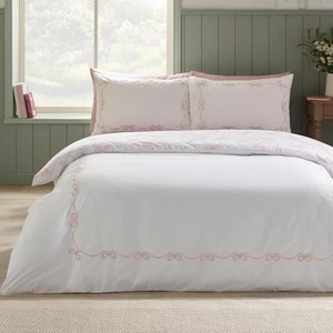 Bow Embroidery Duvet Cover Catherine Lansfield Girls Single Quilt Bedding Set - Picture 1 of 4