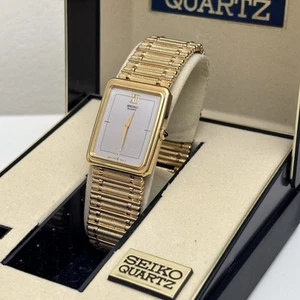 NOS Rare Neo Vtg Seiko Tank Watch Men Gold Tone Rectangle 7430-5460 - New Bat - Picture 1 of 13