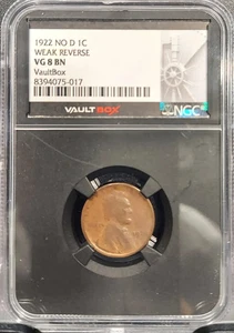 1922 NO D LINCOLN WHEAT CENT 1C SCHWACHE RÜCKSEITE NGC SEHR GUTER ZUSTAND 08 BRANDNEU VAULTBOX (017) - Bild 1 von 5