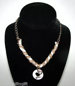 New-Guess Color Oro Collana Con / Strass,Bianco Nastro + Rotondo Cuore Logo - Foto 1 di 4