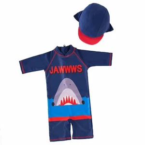 Kid Boys Chic Animals Printed One-Piece Rash Guard with Sun Hat 2pcs Swimsuit Po - Picture 1 of 8