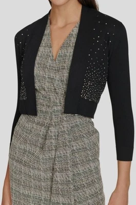 Cárdigan para mujer Calvin Klein negro sin cuello frente abierto adornado talla M Foto 1 de 2