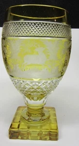 19th Century BOHEMIAN Light AMBER Engraved to CLEAR Waffle BASE GOBLET STAGS - Picture 1 of 9