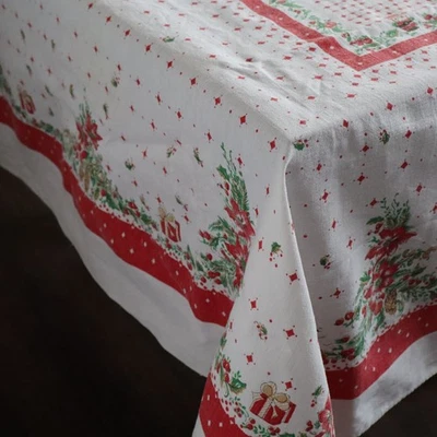 Mantel de Lino Vintage Recto Años 50 Navidad Papá Noel, Rojo, Verde Flor de Pascua, 58x76" Foto 1 de 4