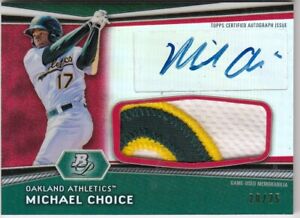MICHAEL CHOICE 2012 BOWMAN GAME USED 3-COLOURS PATCH  20 OF 25 AUTO/SIGNED