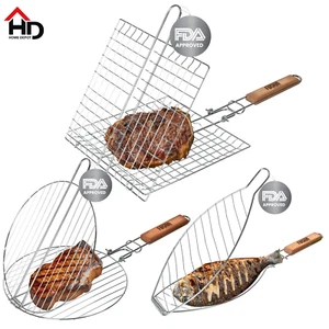 BBQ Grilling Basket Mesh Rack Barbecue Handle Outdoor Garden Meat Burger Fish - Picture 1 of 40