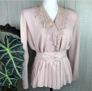 Vintage 80’s In The Mood Blouse Blouse Pink Lace Long Sleeve Belted Pleat Size 6 - Picture 1 of 11