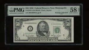 DBR 1950 $50 FRN Minneapolis Fr. 2107-I PMG 58 EPQ Serial I00220904A - Picture 1 of 2