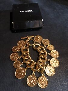 CHANEL Bracelet Bangle AUTH Coco Mark chain Vintage Rare GOLD COIN MEDAL F/S 95