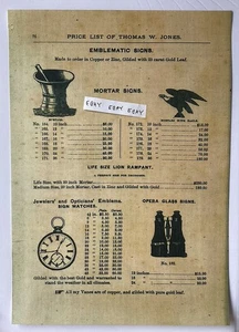 1890 COPPER, GOLD TRADE SIGN RARE AD DRUGGIST JEWELER OPTICIAN WATCH +PRICE NEW - Picture 1 of 3