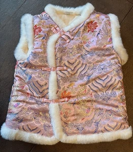 Asian Chinese Toddler kid sleeveless vest faux shearling accent Pink Satin - Picture 1 of 10