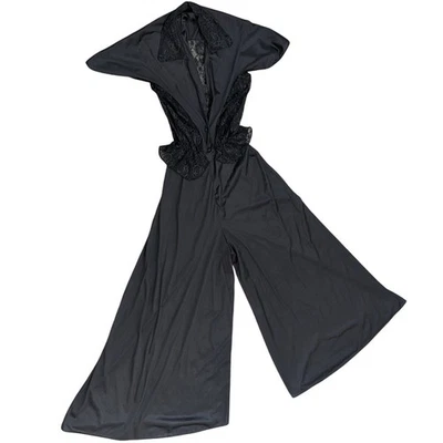 Mono de Colección Años 70 Glydons Hollywood Nylon Lencería Negro Floral Panel Encaje Pequeño Foto 1 de 4