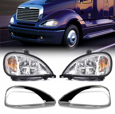 Freightliner Columbia PAIR Headlight w/ Chrome Bezels 2001-2017 Set w/ All Bulbs - Image 1 of 4