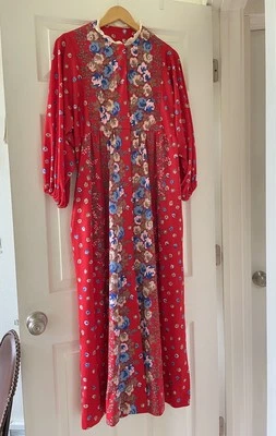 ¿Talla pequeña vintage para mujer?  Maxi Vestido Años 70 Rojo Floral Manga Larga Retro Boho Foto 1 de 4