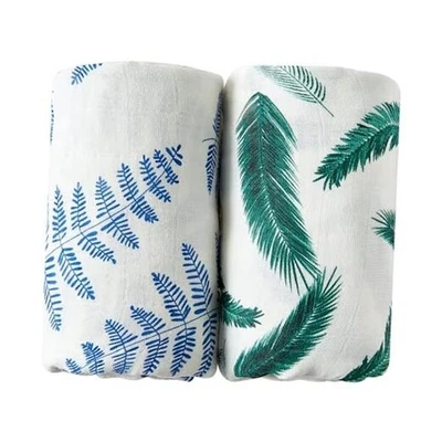  Organic Muslin Swaddle Blankets 2 Pack - 100% Organic, Leaves Fern and Feather - Image 1 of 4
