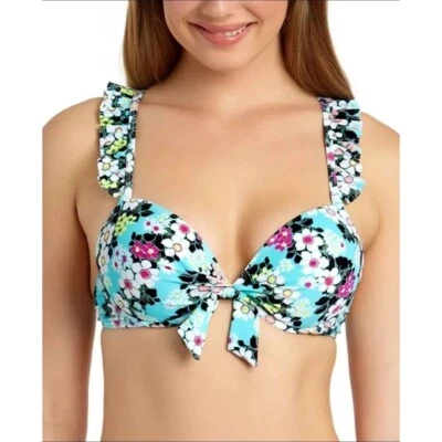 New CALIFORNIA WAVES Bikini Top Underwire Retro Neon Floral Push-Up Swimwear - Image 1 of 4