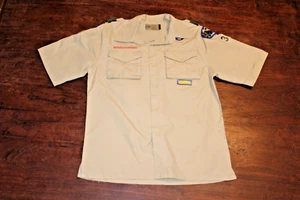 Boy Scouts of America BSA Youth Shirt Tan Large Glued Patches Short Sleeve - Picture 1 of 4