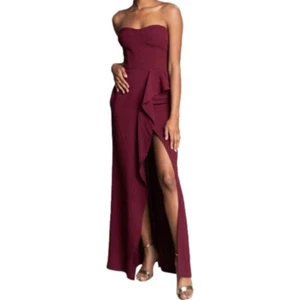 Dress the Population Large Kai Strapless Asymmetrical Gown Burgundy - Picture 1 of 7
