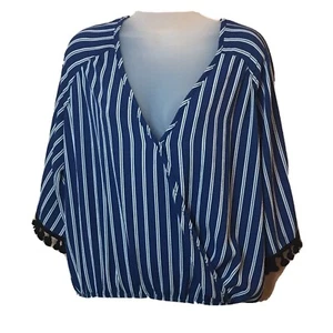 Top a righe blu lavanda campo finto avvolgente pom maniche donna L - Foto 1 di 5