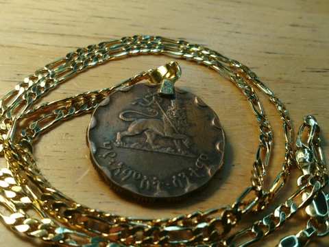 "Lion of Judah" African Ethiopia Coin Pendant 22"  18KGF Gold Filled Wide Chain Cover