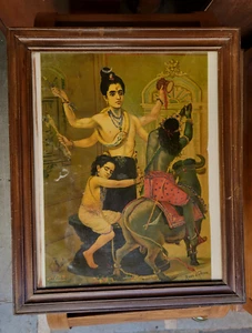 ANTIQUE INDIA RAVI VARMA OLIOGRAPH PRINT EMBELLISHED ZARI WORK MARKANDEYA SHIVA - Picture 1 of 13