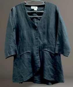 FLAX Linen Jacket Blazer Black Lagenlook Fit & Flare Large Minimalist Prairie - Picture 1 of 17