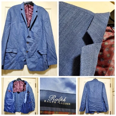 Blazer masculino Ralph Ralph Lauren 48R azul espinha de peixe lã seda casaco esportivo jaqueta - Imagem 1 de 4