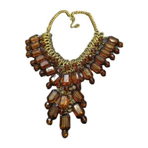 Vintage Gold Tone Waterfall Statement Necklace Faceted Brown Square Beads - Picture 1 of 7
