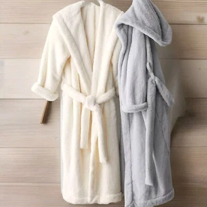 POTTERY BARN FIRESIDE ROBE HOODED SOFT SHERPA POCKETS UNISEX S,M,L,XL GRAY IVORY - Picture 1 of 19