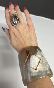 Buffalo Horn Bracelet Bangle Bohemian Super Wide 3” Pierced Diamond Design! - Picture 1 of 11