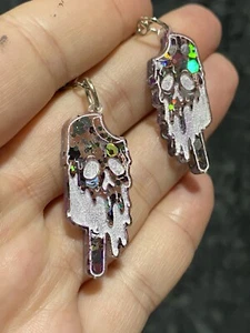 Handmade Resin Earrings Purple White, Skull Popsicles Dangling Sparkly - Picture 1 of 5