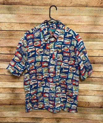 Camisa Hawaiana Reyn Spooner Popover Para Hombres Grande Azul Pescado Conchas Marinas Cuello de Campamento Foto 1 de 4