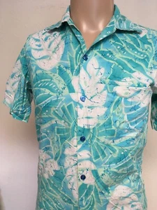 CAMICIA HAWAIANA vintage senza marchio floreale SEA FOAM VERDE bottoni blu S surf ALOHA - Foto 1 di 12