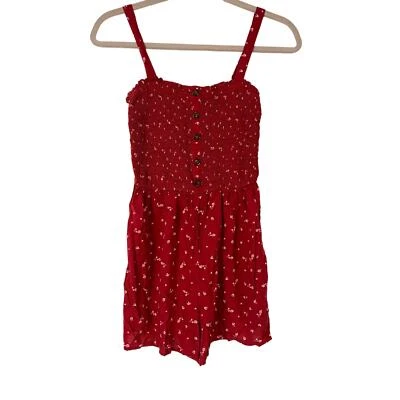 Hollister Women Red Ditzy Floral Romper Smocked Spaghetti Strap size Small  - Image 1 of 4